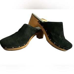 UGG Australia Womens Black Suede Leather Abbie Studded Wooden Clog Mules Size 9